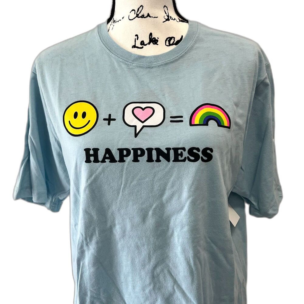 NWT HAPPINESS Pastel Blue T-Shirt (Large) Smile Love Rainbow Heart